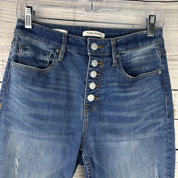 Vigoss Denim Flare Jeans Womens 27 Gwen Kick Flare Button Fly Distressed Stretch - Picture 5 of 12
